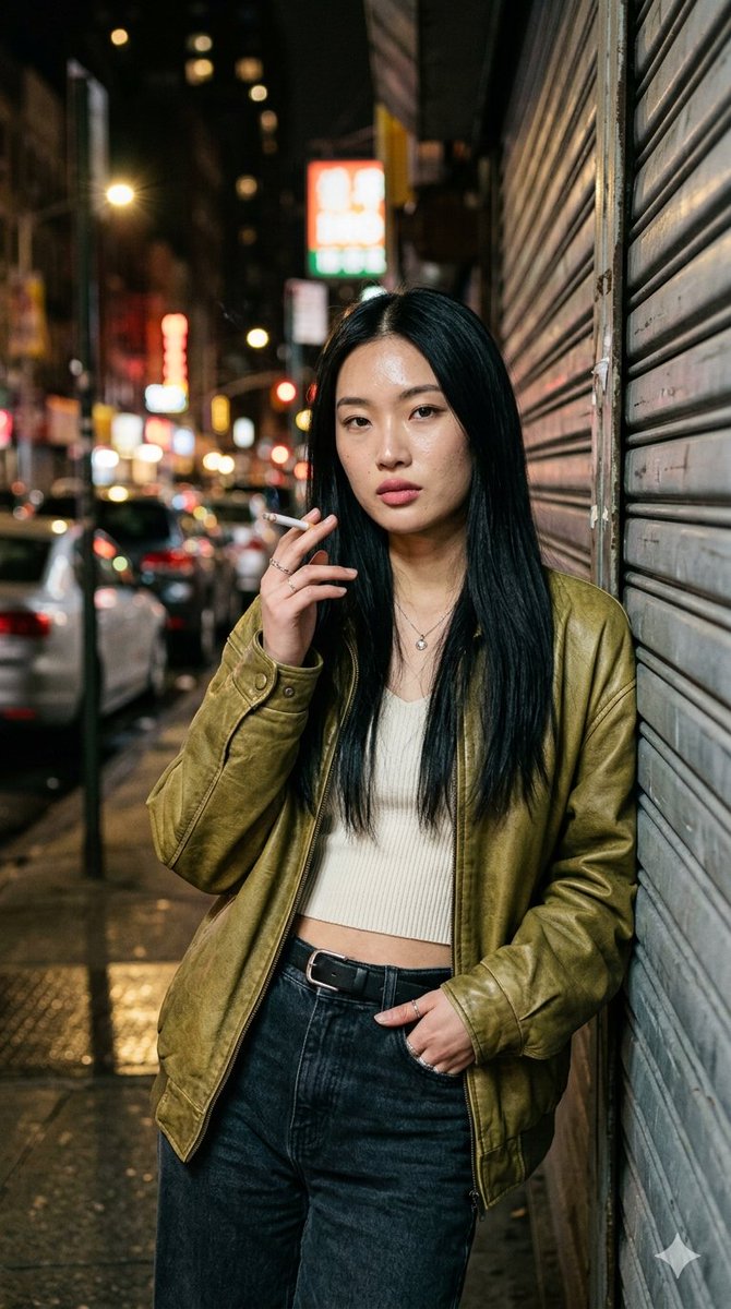 RAW 风格真实感夜间街头人像照:一位美丽年轻女性,长直顺滑黑色头发(中分),皮肤自带自然光泽,可见毛孔与细微瑕疵,柔和干净的抖音风 Glam…, 图片 1