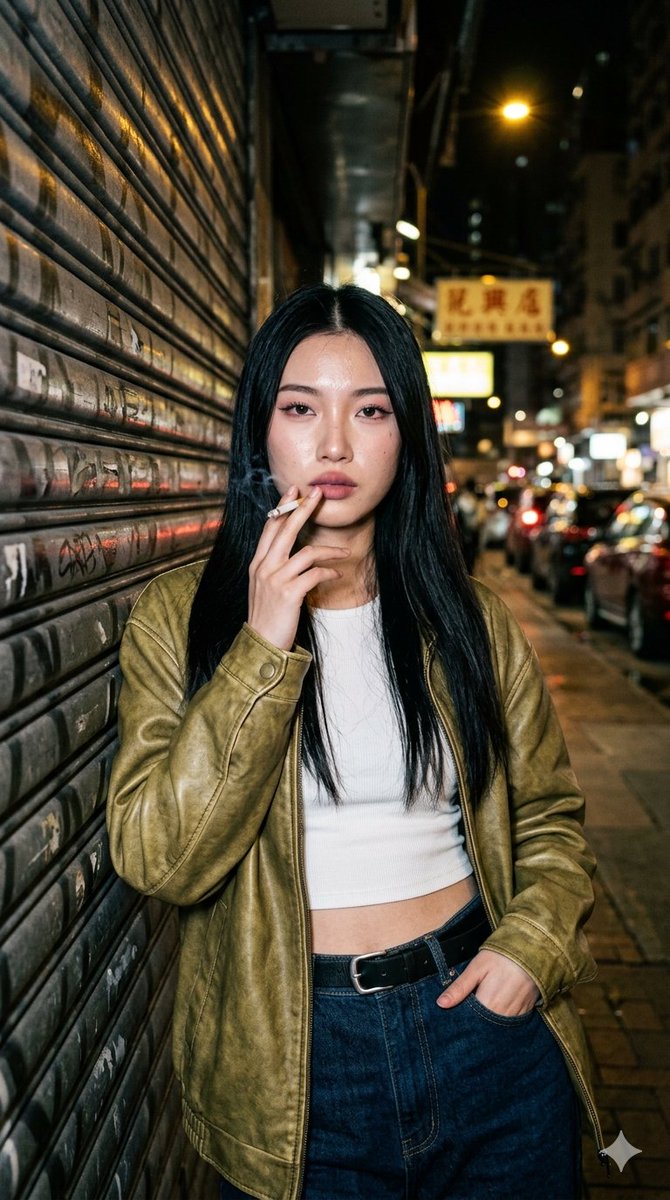 RAW 风格真实感夜间街头人像照:一位美丽年轻女性,长直顺滑黑色头发(中分),皮肤自带自然光泽,可见毛孔与细微瑕疵,柔和干净的抖音风 Glam…, 图片 2