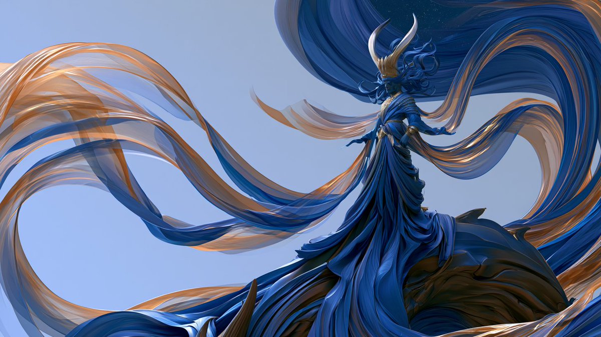 [LEGENDARY_FIGURE] 威临 [CREATURE/BEAST]，以光滑的体积感三维编辑插画风格呈现，巨大而半透明的丝绸缎带极光形…, 图片 1
