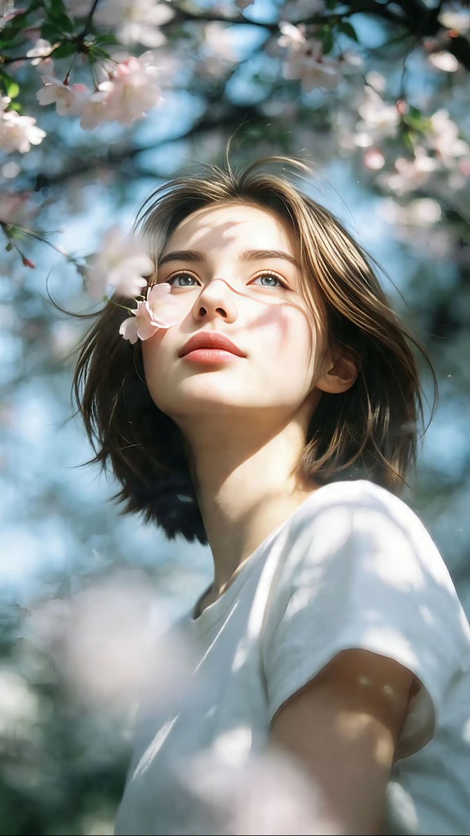 超现实电影感人像摄影。竖向 9:16 构图。仰视镜头,向上看向面部。主体站立于春日盛开的樱花树下。柔和的自然日光透过枝叶,在面部、颈部和白色 …, 图片 2