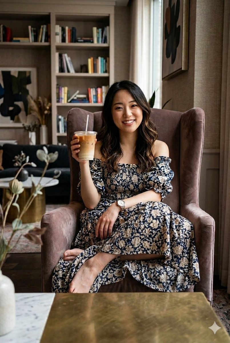一张高质量、逼真的肖像：一位面带微笑的东亚女性，留着长长、波浪状的深棕色头发，舒适地坐在一张紫红色天鹅绒翼背扶手椅上。她身穿一件深蓝色露肩长款…, 图片 1