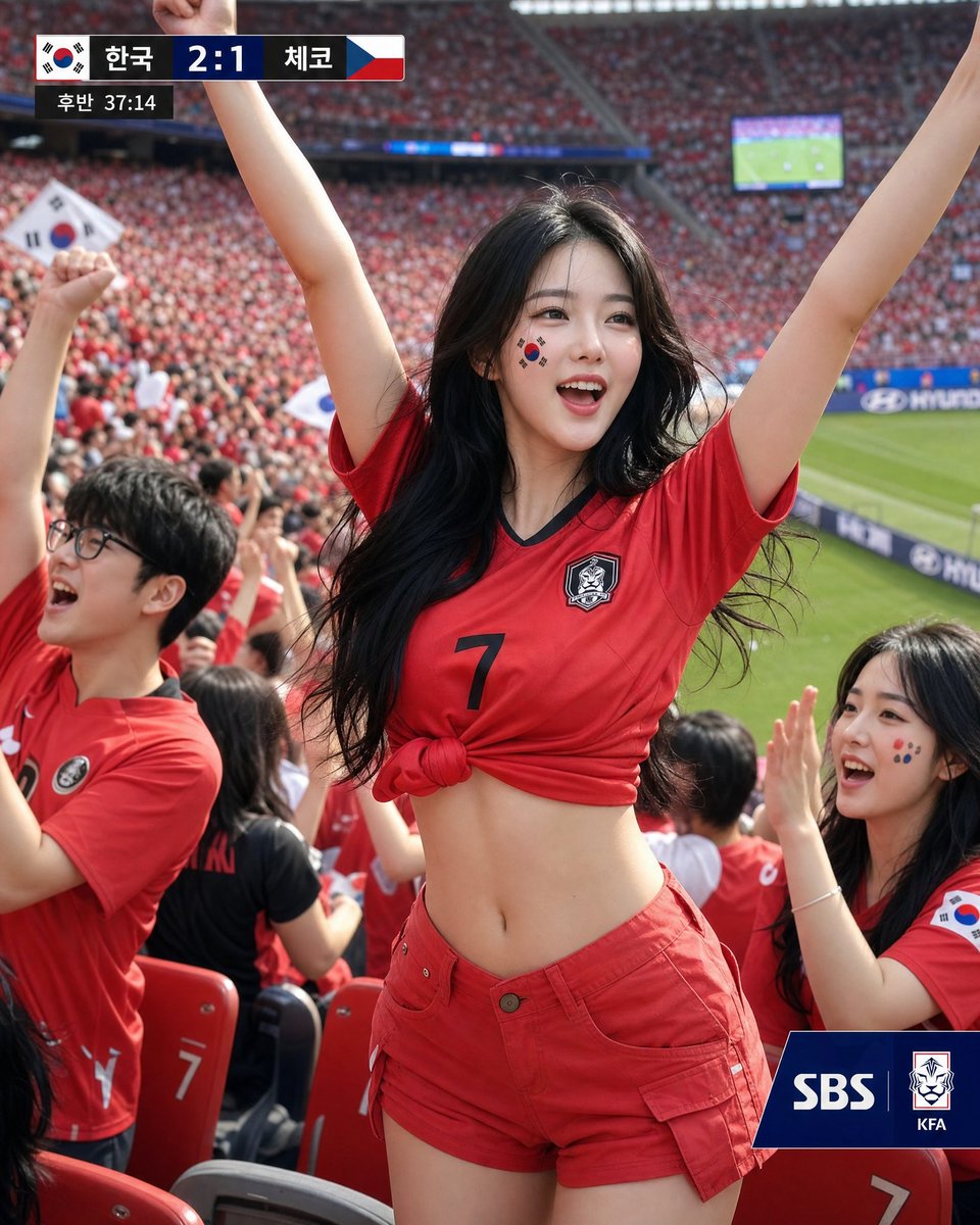 主体：一位年轻、美丽的韩国女性足球迷，坐在座无虚席的足球场看台上（位于画面中央）。, 图片 3