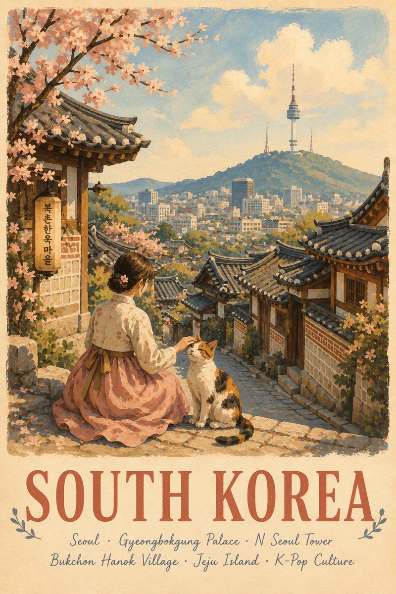 创作一张高级感插画旅行海报，以[CITY, COUNTRY]（城市，国家）为主题，采用奇趣的手绘水粉（gouache）风格。, 图片 1