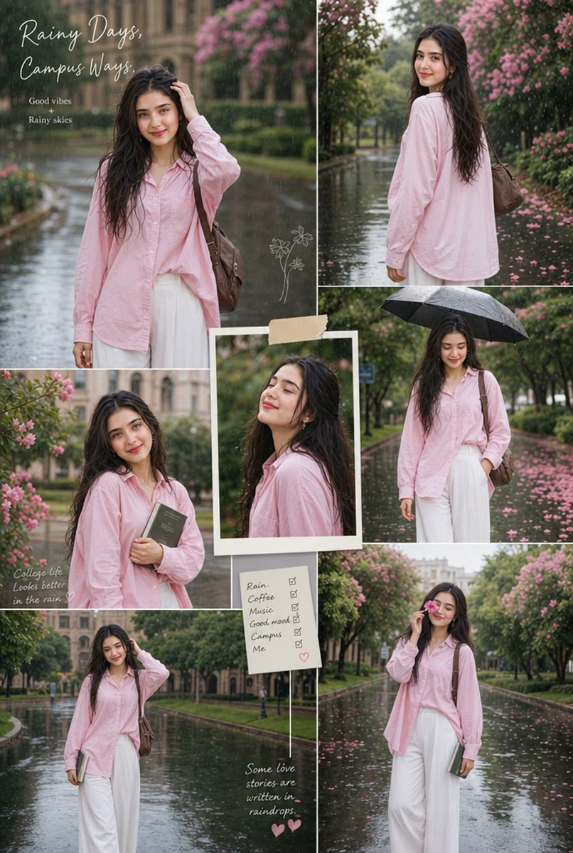 创作一张具有美感的雨季大学人像拼贴画,画面中一位时尚年轻女性身着粉色宽松衬衫与飘逸的白色阔腿长裤,在美丽的校园道路上享受轻柔的细雨。让她周围环…, 图片 1