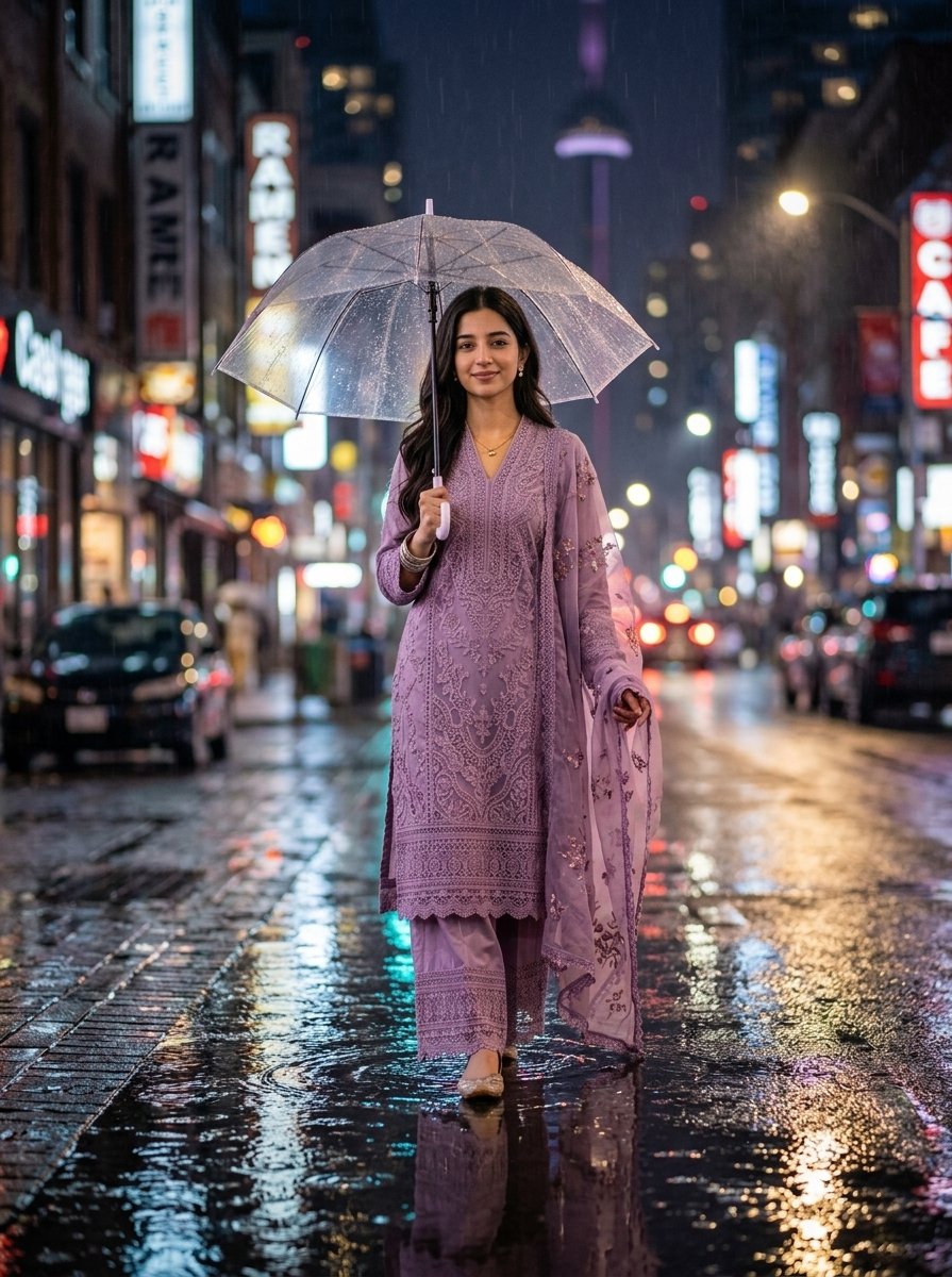 雨夜写实照片：一位24岁女性撑伞行走于城市灯光之间，湿润地面上的倒影，背景虚化霓虹灯光斑，电影感打光，景深效果，神情宁静安详，肌肤保留自然质感…, 图片 1