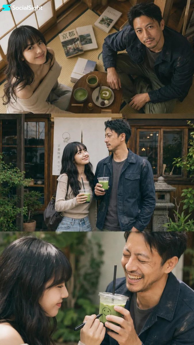 超写实日本生活方式时尚编辑摄影，年轻的亚洲情侣穿着相配的彩色抽象针织毛衣，在城市街道上进行抓拍俏皮的互动，梦幻浪漫的友情氛围，自然的化学反应，…, 图片 1