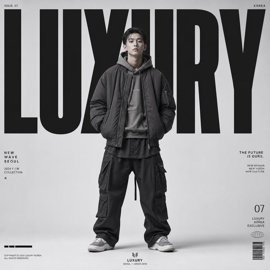 为 "LUXURY " 创作一张高端时尚编辑风格海报，采用奢华韩国街头服饰杂志风格。极简未来主义美学，超大号粗体字体主导背景。全身男性时装模特…, 图片 1