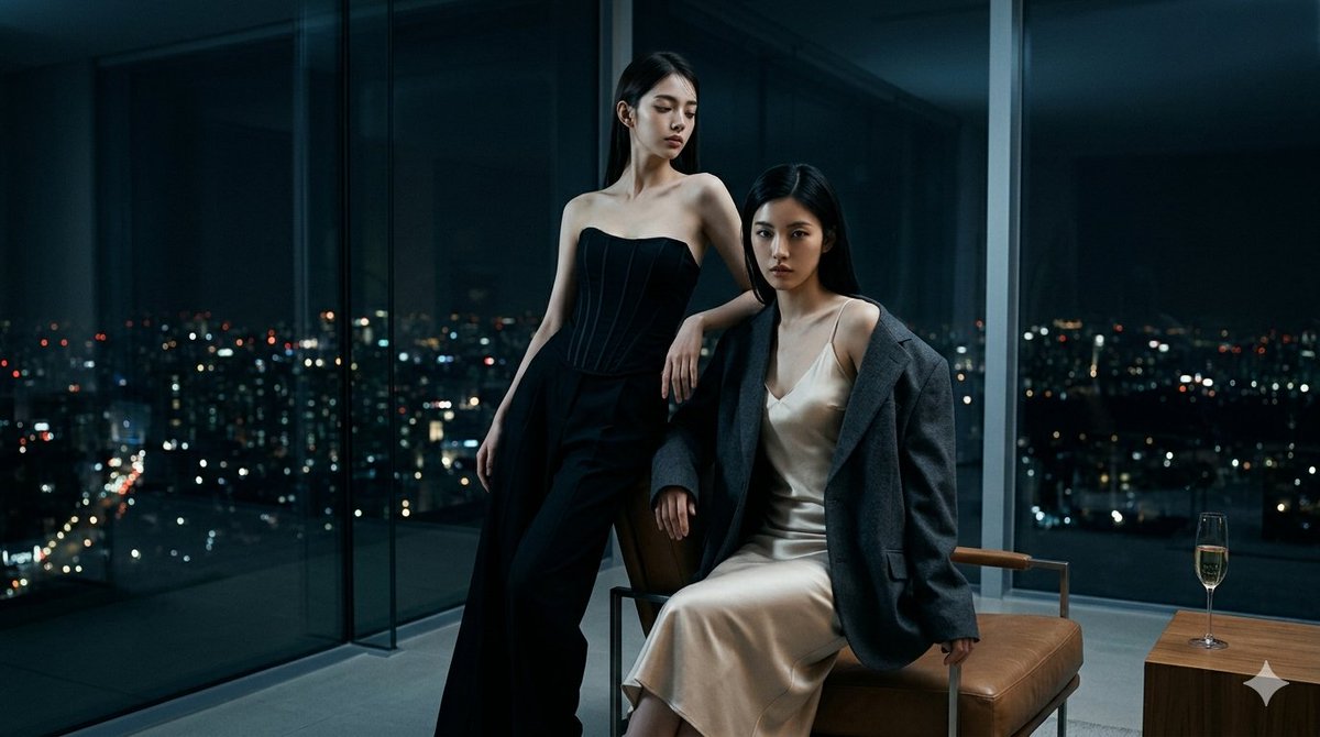 一幅宽幅电影感时尚大片，呈现两位虚构的东亚成年女性，年龄22–28岁，拥有纤细修长的超模比例，五官大胆、高度表现力且经过精心雕琢。第一位主体略…, 图片 1