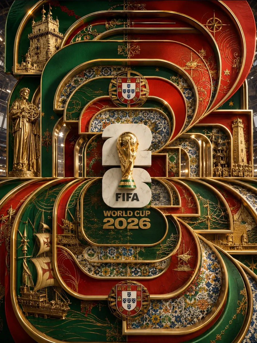 超豪华 2026 年 FIFA 世界杯海报,宏伟的分层装饰艺术建筑,由互锁的曲面面板和几何框架构成,居中放置 FIFA 世界杯奖杯,矗立于一座…, 图片 2