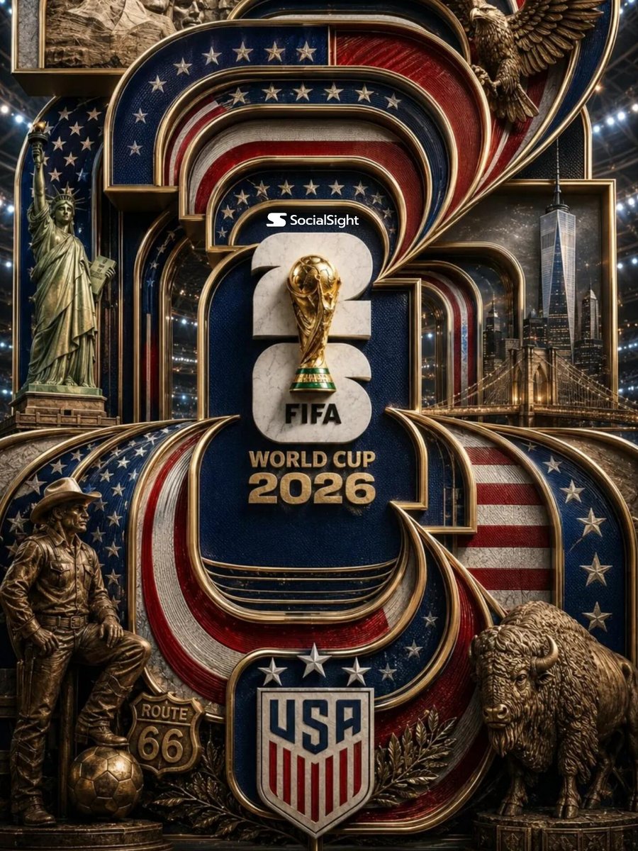 超精细豪华3D海报,主题为2026年美国FIFA世界杯。巨型分层"2026"字体主导整个构图,由相互咬合的金属框架构成,具有深邃的立体层次感。…, 图片 1