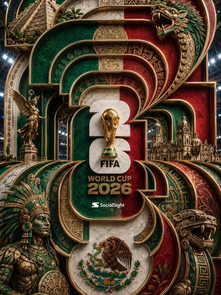 超精细豪华3D海报,主题为2026年美国FIFA世界杯。巨型分层"2026"字体主导整个构图,由相互咬合的金属框架构成,具有深邃的立体层次感。…, 图片 2
