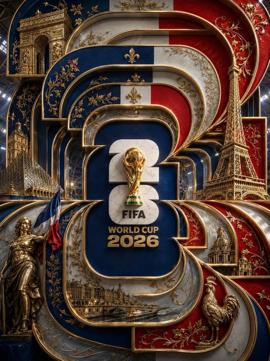 极致细节的奢华 3D FIFA 2026 世界杯法国海报。巨大的分层“2026”字体主导整个构图,由相互交织的金属丝带和雕刻般的建筑框架构成。…, 图片 1
