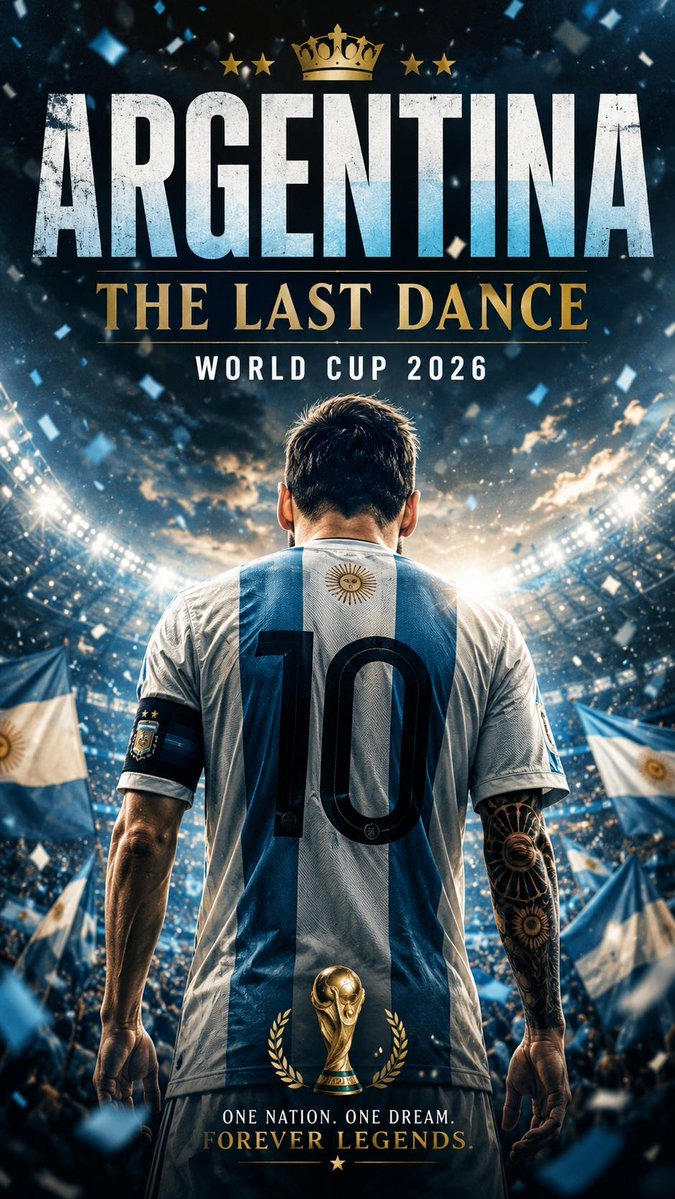 史诗级 2026 国际足联世界杯 电影海报,传奇足球偶像的背影,独自走向一座巨大灯光球场中央,身穿印有标志性号码的国家队球衣,数千名热情球迷挥…, 图片 2