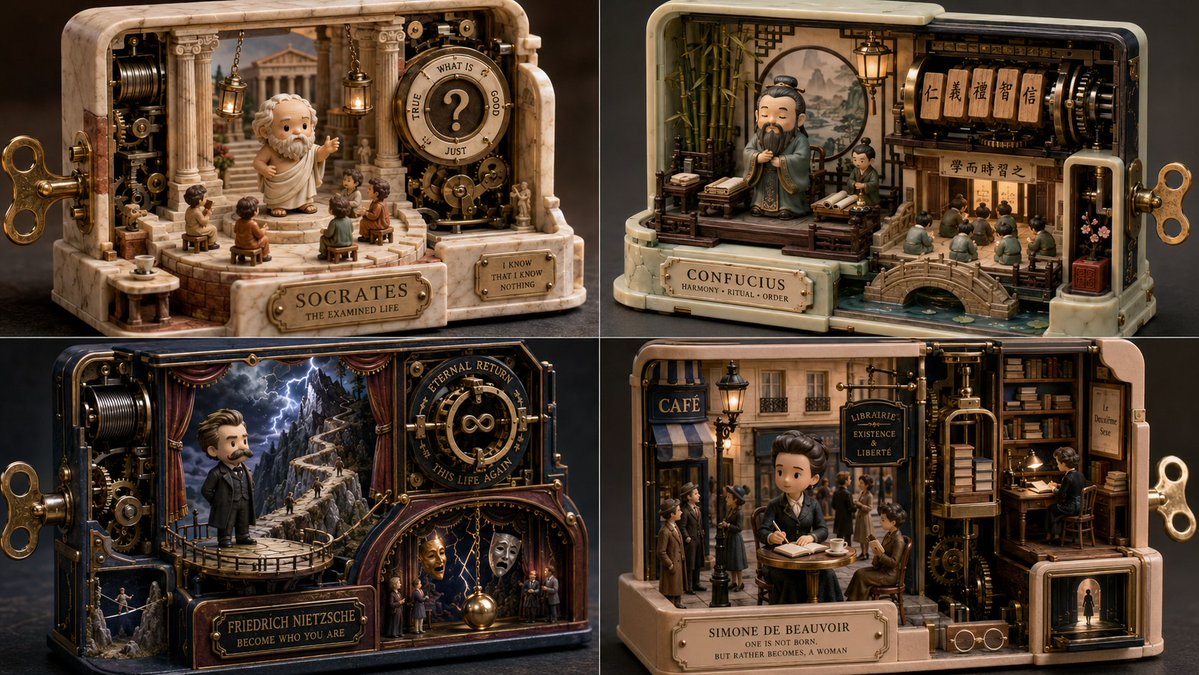 创建一个迷人但极致精致的场景，围绕 [wind-up toy / mechanical miniature world]（发条玩具 / 机械微…, 图片 1