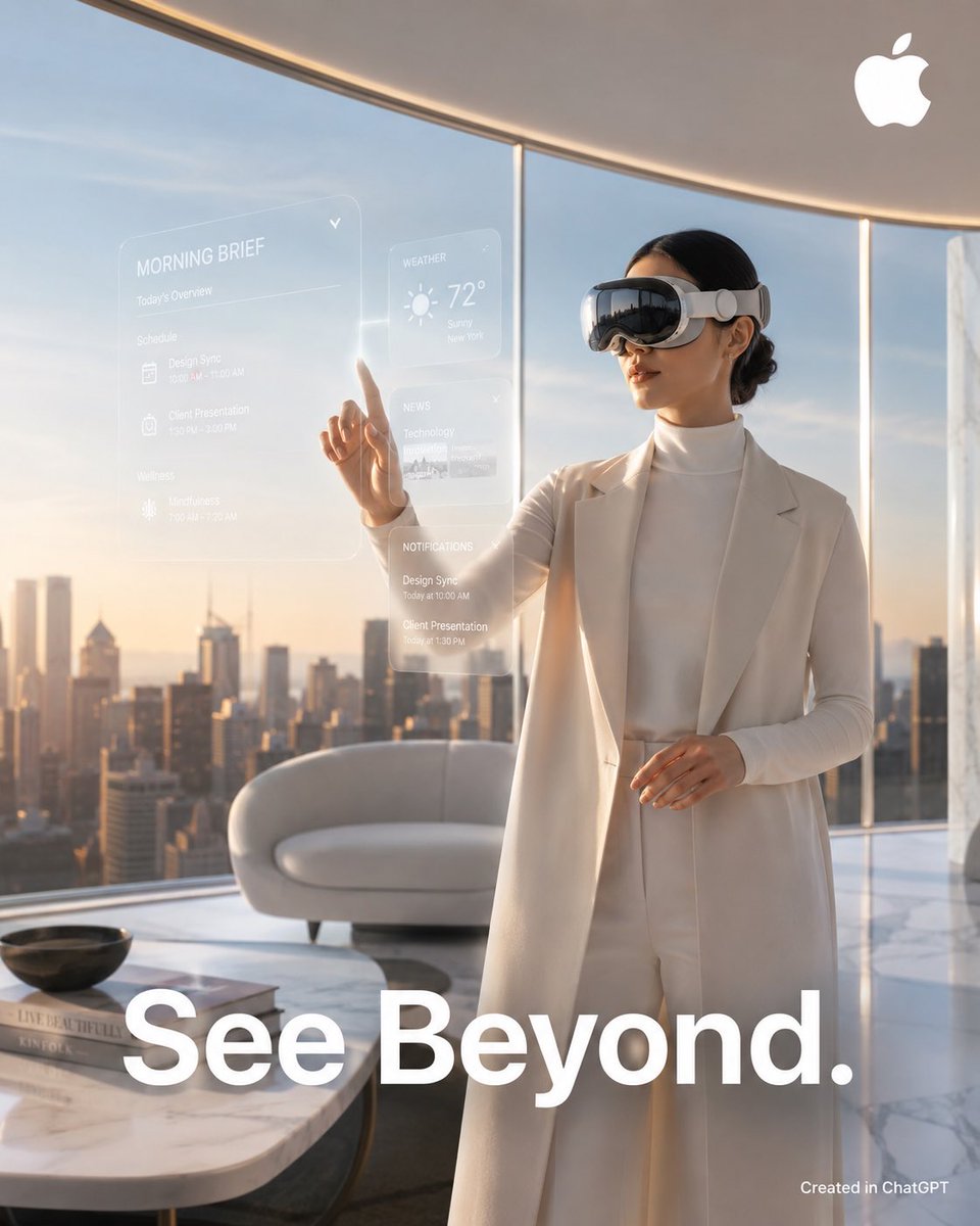 为 Apple Vision Pro 打造的极致写实奢华商业广告,呈现超高端未来感生活方式美学。一位精致时尚的专业人士佩戴着 Apple Vi…, 图片 1
