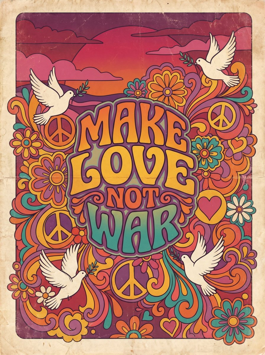 创作一幅1960至1970年代的复古花之力（flower power）海报，主体标语为“MAKE LOVE NOT WAR”（要爱不要战争）。…, 图片 1