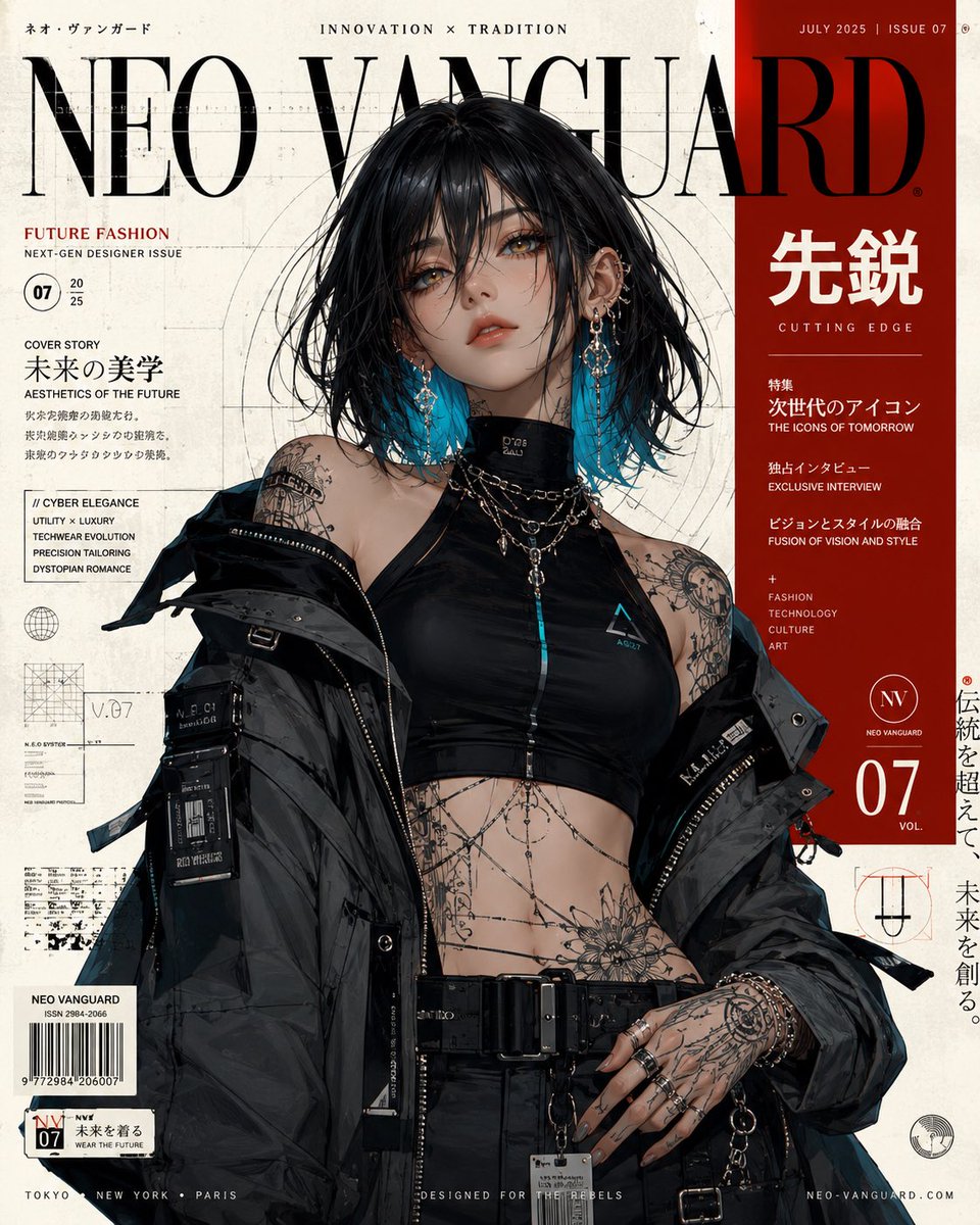 超精细奢华动漫时尚封面插画,描绘一位走在未来潮流前沿的年轻女性,肩长乌黑发丝带有电光青色底光,飘逸的修饰脸型的发丝,明亮的琥珀色眼眸,光滑瓷白…, 图片 1