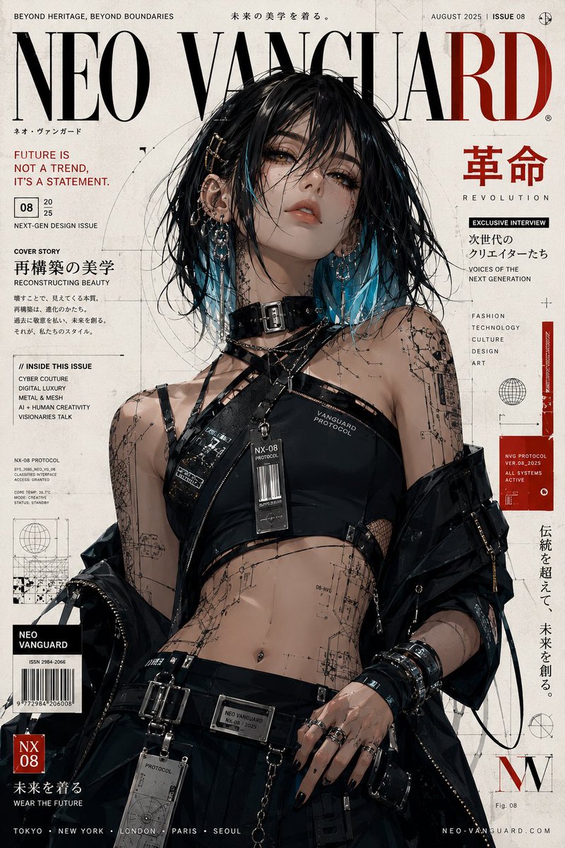 超精细奢华动漫时尚封面插画,描绘一位走在未来潮流前沿的年轻女性,肩长乌黑发丝带有电光青色底光,飘逸的修饰脸型的发丝,明亮的琥珀色眼眸,光滑瓷白…, 图片 2