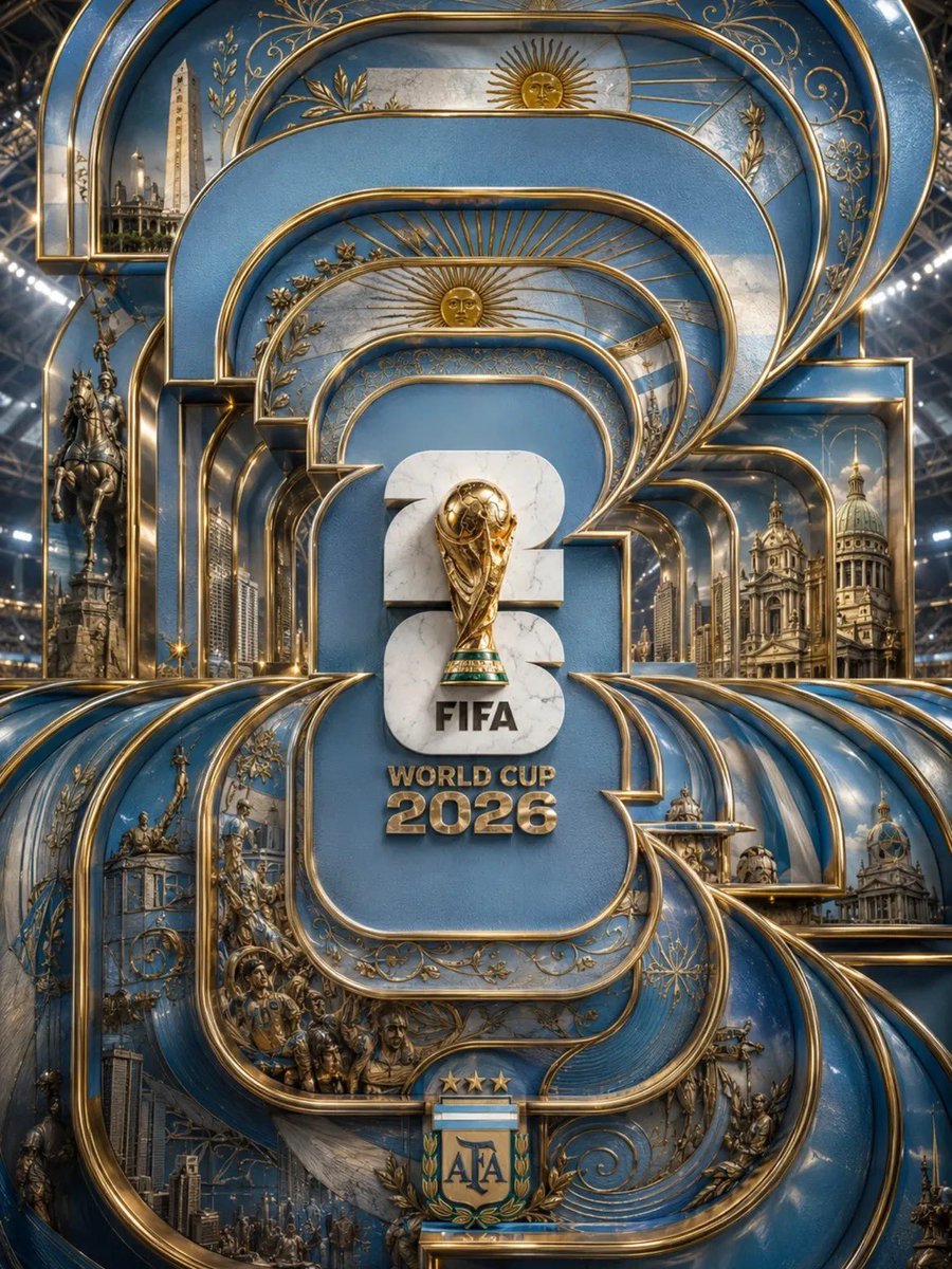 超豪华2026年世界杯海报，由互锁弧形面板和几何框架构成的宏伟分层装饰派艺术建筑，居中放置的世界杯奖杯镶嵌在大型雕刻的"26"字样上，优质蓝白…, 图片 2
