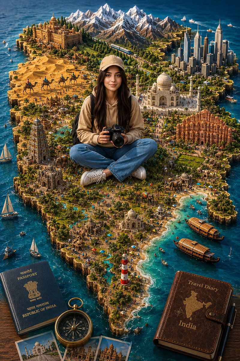 一个高度精细的印度3D微缩旅行立体模型,造型为一块逼真的浮雕地图,周围环绕着清澈见底的水域。一位神情欢快的年轻女性旅行摄影师盘腿坐在地图中央,…, 图片 1