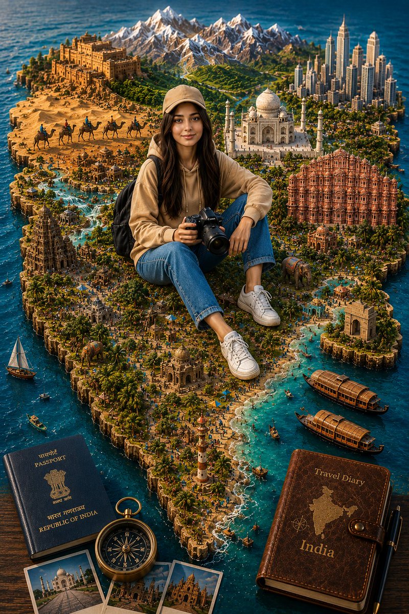 一个高度精细的印度3D微缩旅行立体模型,造型为一块逼真的浮雕地图,周围环绕着清澈见底的水域。一位神情欢快的年轻女性旅行摄影师盘腿坐在地图中央,…, 图片 2