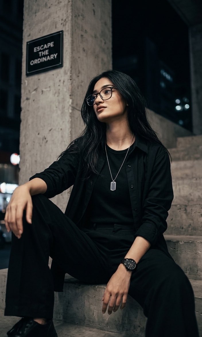 超写实电影感人像肖像：一位年轻女性戴着眼镜，夜晚随意地坐在城市混凝土楼梯上，身穿全黑造型，包括一件黑色敞开式纽扣衬衫，内搭黑色圆领T恤，下身着…, 图片 1