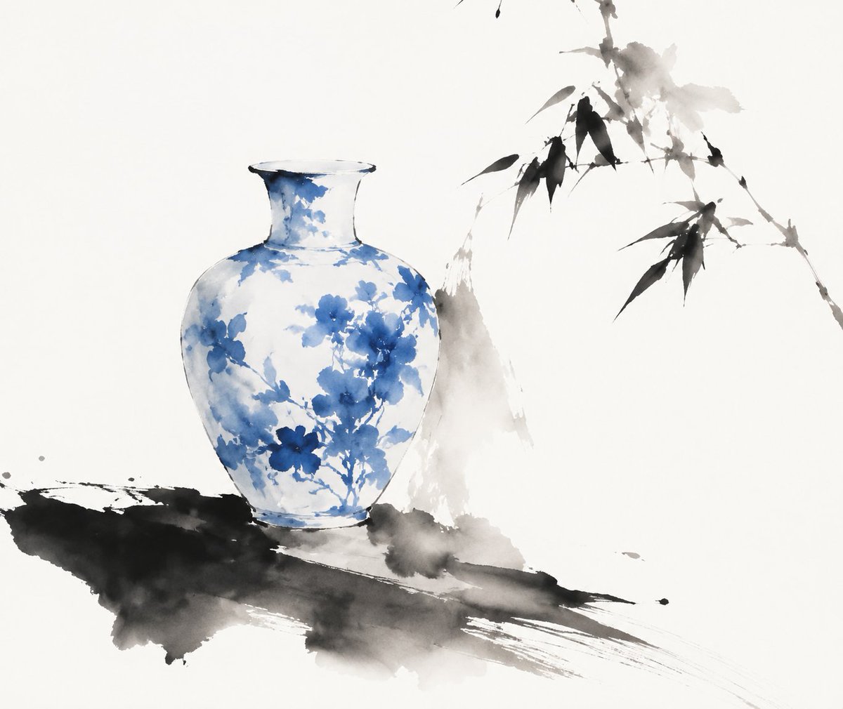 传统中国水墨风格的青花瓷瓶诠释,表现力十足的水墨笔触,柔和的渐变,诗意般的简约,极简主义的构图,大面积留白,con……, 图片 1