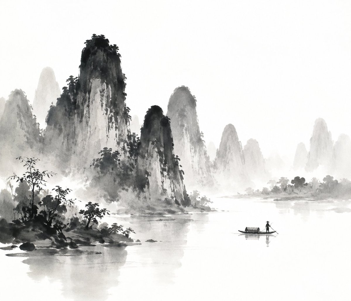 桂林山水的中国传统水墨画诠释,表现性的黑色墨水笔触,柔和的渐变,诗意的简约,极简主义的构图,大面积留白,con…, 图片 1