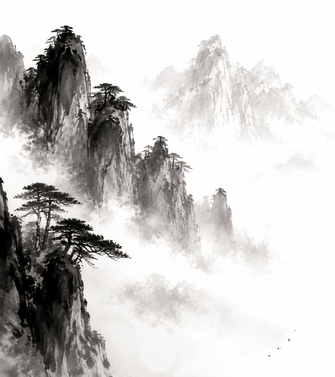 中国传统水墨对 水墨黄山 的诠释，表现性的黑色墨笔触，柔和的渐变，诗意的简约，极简构图，大面积留白，con……, 图片 1