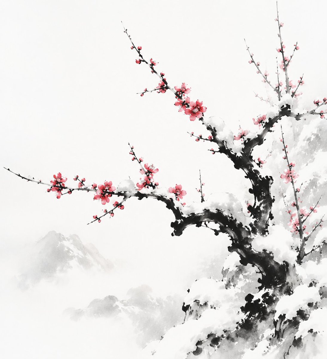 对中国传统水墨画中“雪中寒梅”的诠释,表现性的黑色墨笔触,柔和的渐变,诗意的简约,极简的构图,大面积的留白,意…, 图片 1