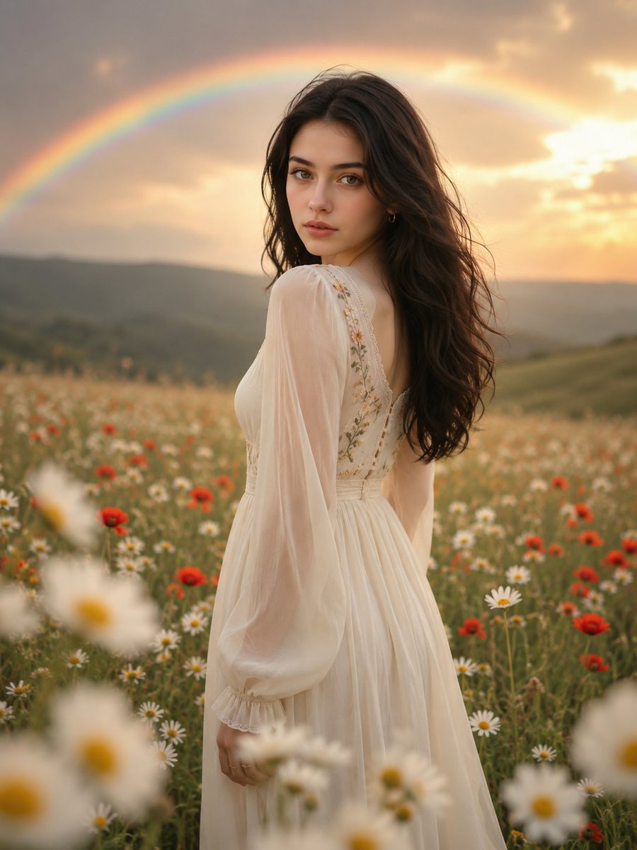 一位美丽的年轻女子，留着浓密蓬松的黑色长卷发，回眸时露出温柔的微笑。她身穿一条优雅的奶油色飘逸长裙，肩部采用透明的泡泡袖设计，裙身上衣部分绣有…, 图片 1