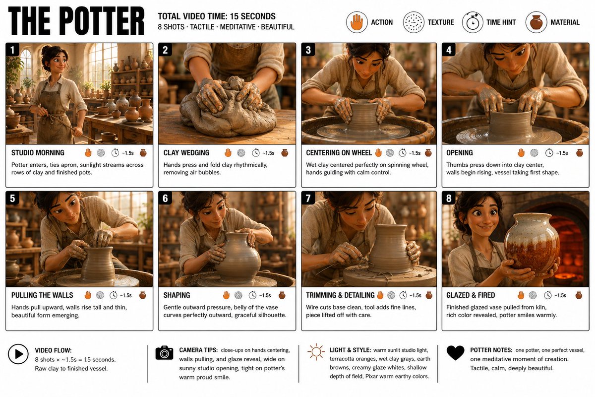 为《陶艺师》(THE POTTER) 制作一张清晰整洁的信息图故事板海报。宽幅 16:9 布局，白色背景，黑色边框，粗体黑色字体，顶级皮克斯 …, 图片 1