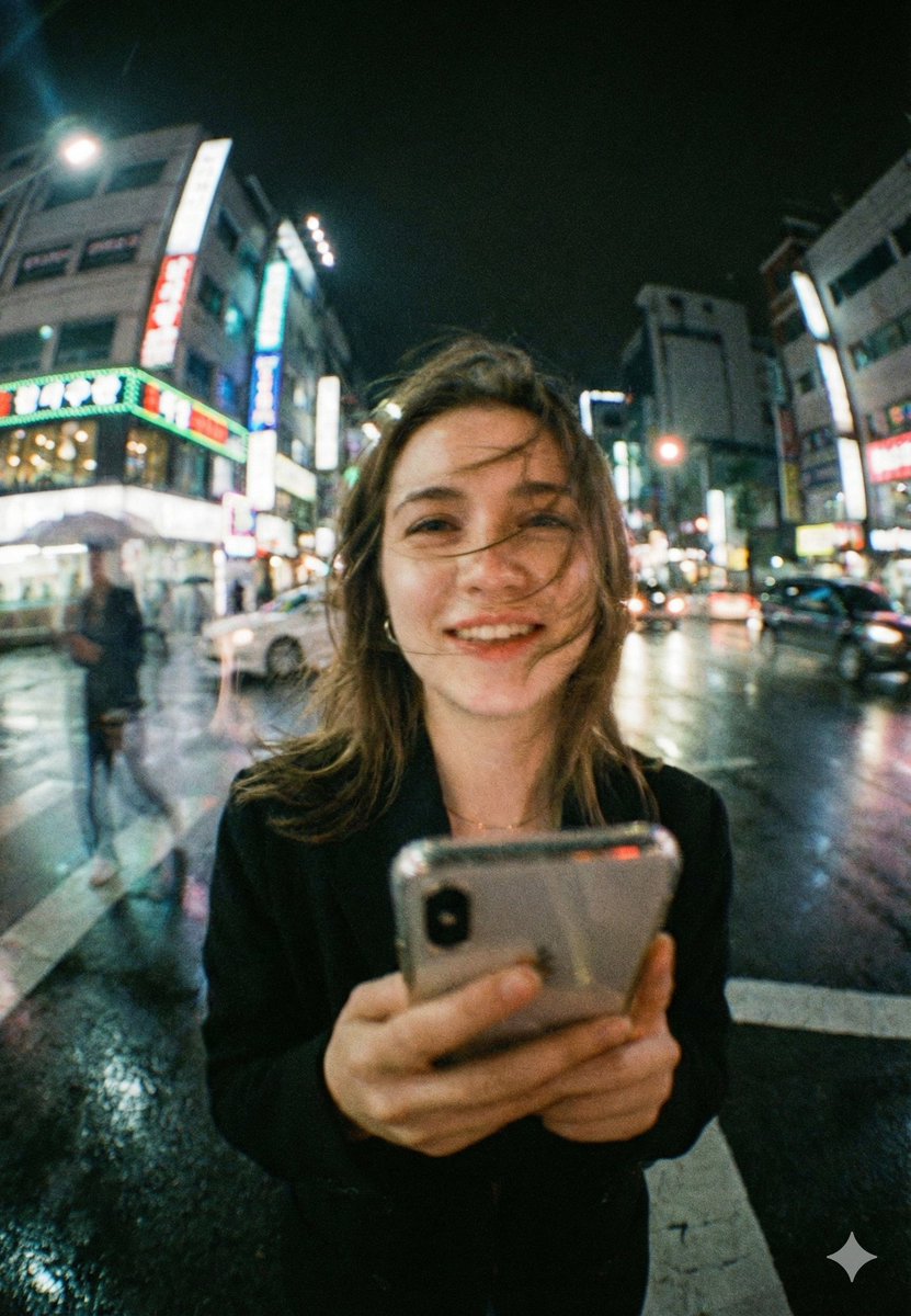 电影感夜间街拍人像,4:5 比例,超高品质。年轻女子站在小雨后的城市十字路口,地面湿润反光,背景是霓虹灯照亮的建筑。她把智能手机举到靠近镜头的…, 图片 1