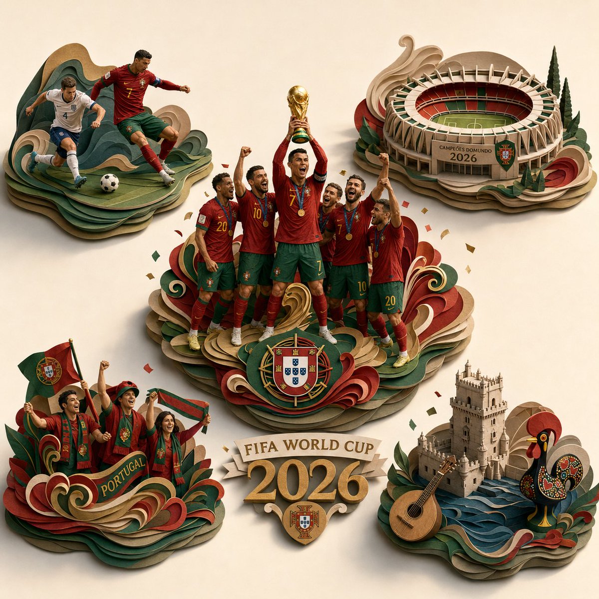 史诗般的 2026 年 FIFA 世界杯 [COUNTRY] 夺冠庆祝场景,转化为独一无二的超精细 3D 分层纸质雕塑立体场景模型,方形构图,…, 图片 1