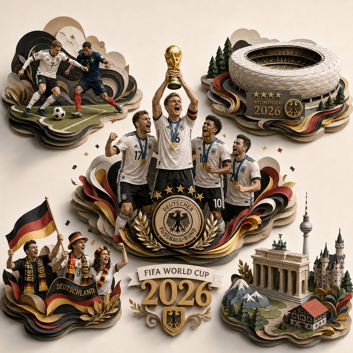 史诗般的 2026 年 FIFA 世界杯 [COUNTRY] 夺冠庆祝场景,转化为独一无二的超精细 3D 分层纸质雕塑立体场景模型,方形构图,…, 图片 2
