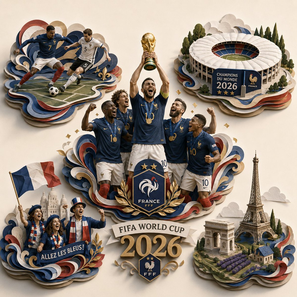 史诗般的 2026 年 FIFA 世界杯 [COUNTRY] 夺冠庆祝场景,转化为独一无二的超精细 3D 分层纸质雕塑立体场景模型,方形构图,…, 图片 3