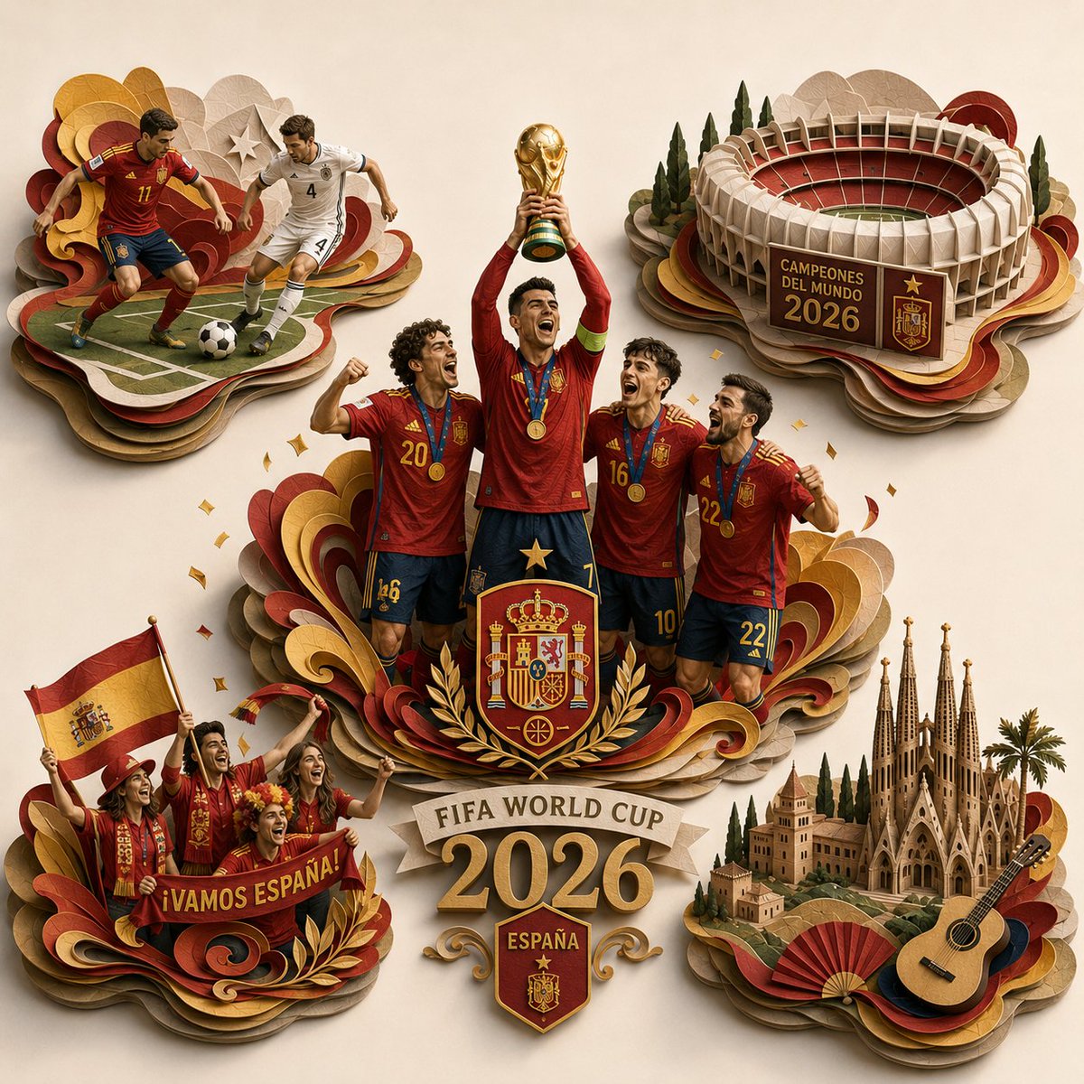 史诗般的 2026 年 FIFA 世界杯 [COUNTRY] 夺冠庆祝场景,转化为独一无二的超精细 3D 分层纸质雕塑立体场景模型,方形构图,…, 图片 4