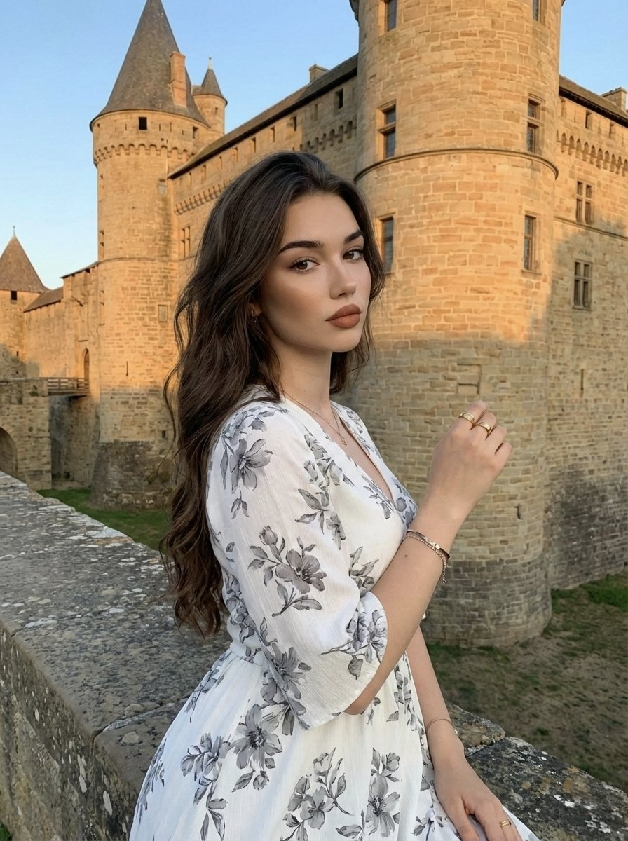 电影感旅行人像:一位年轻女性,留着长长的波浪状深棕色头发,侧身坐在一座历史悠久的金黄砂岩堡垒的宽阔质感石台上,神情平静自信地直视镜头。她身穿一…, 图片 1