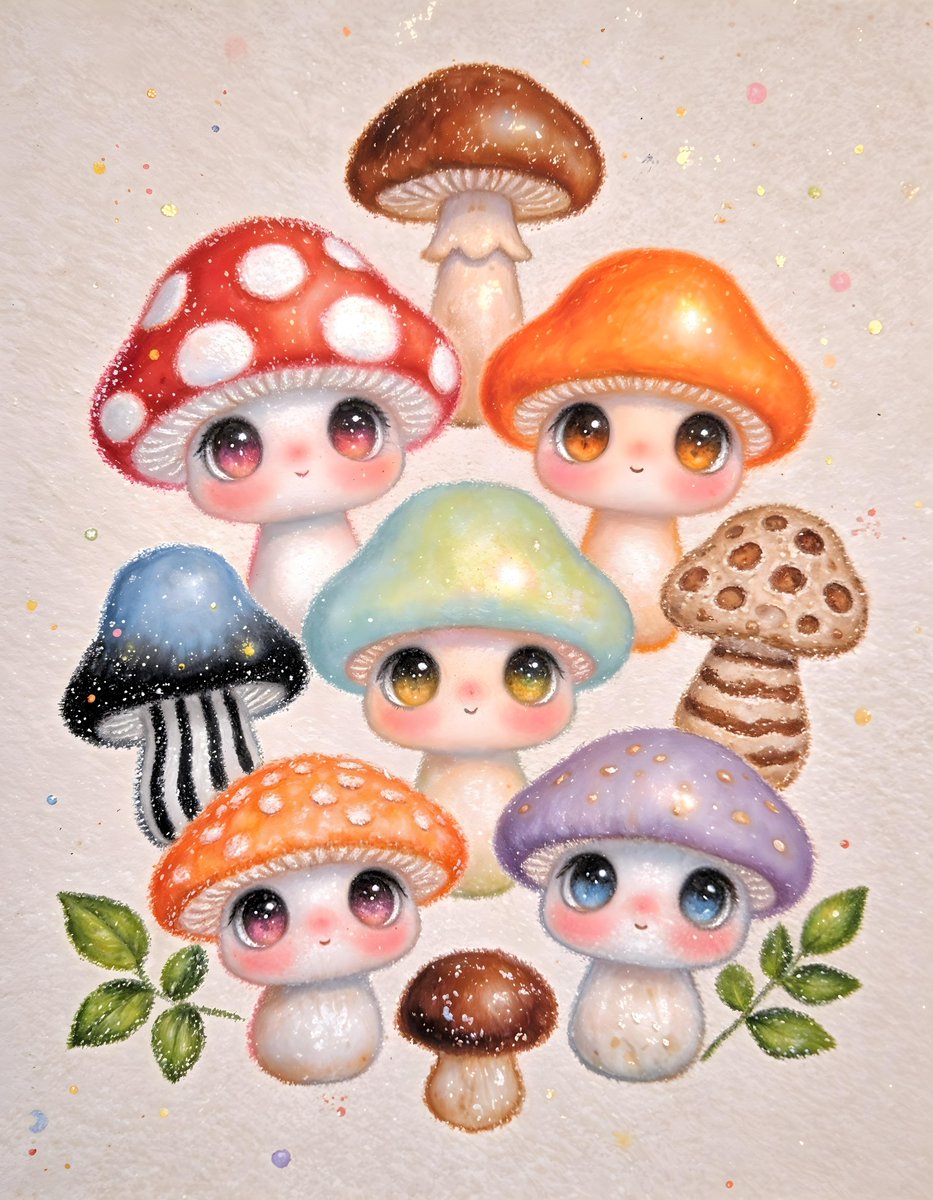 一幅富有奇趣的插画,描绘了各种各样的卡通蘑菇,它们有着富有表现力的面孔,背景为纯色。这些蘑菇的形状、大小和颜色各异,包括红底白点的、橙色的、棕…, 图片 1