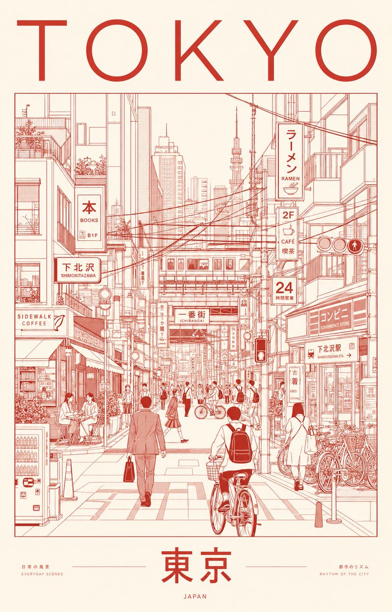 创作一幅极致高端的极简主义城市肖像海报，主题为 TOKYO，通过建筑线描插画捕捉日常都市生活中宁静的精致感与有序的混乱感。, 图片 1