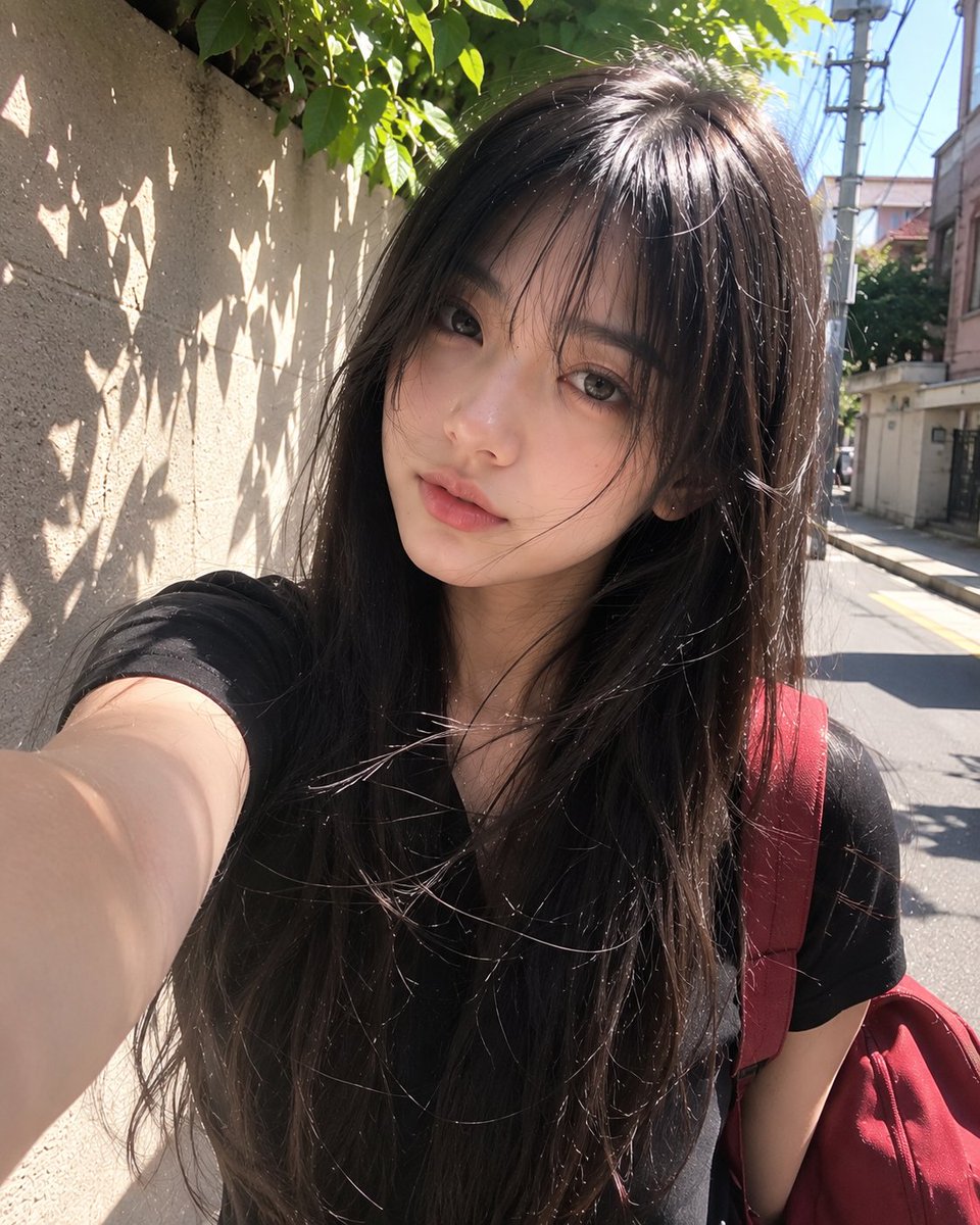 美丽年轻的日本女孩，留着柔顺的长黑发和柔和蓬松的刘海，拥有一双大而有神的深色眼睛、白皙发光的肌肤、精致细腻的五官、自然的粉色嘴唇、淡淡的腮红，…, 图片 1