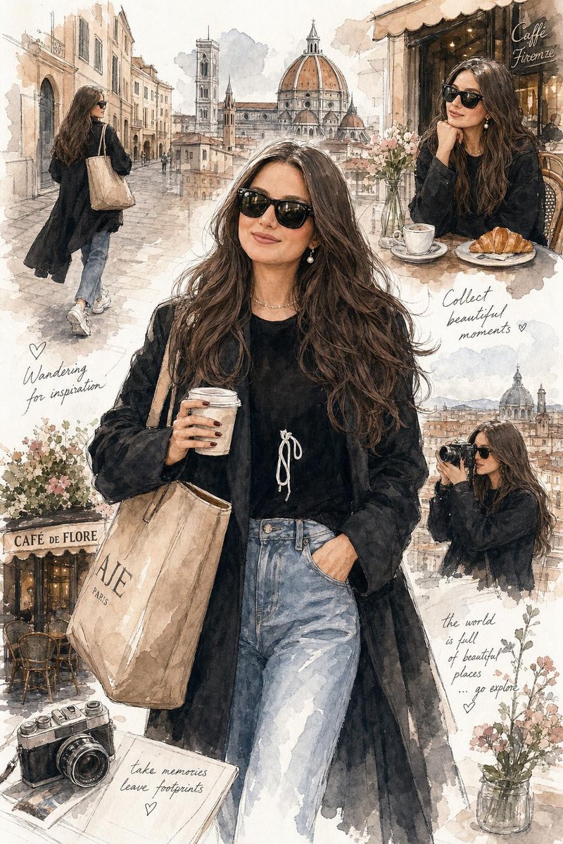 优雅的水彩时装插画，一位时尚年轻女性正在探索风景如画的欧洲城市与温馨咖啡馆，柔和的手绘水彩质感，富于表现力的钢笔速写轮廓，飘逸的深色长卷发，时…, 图片 1