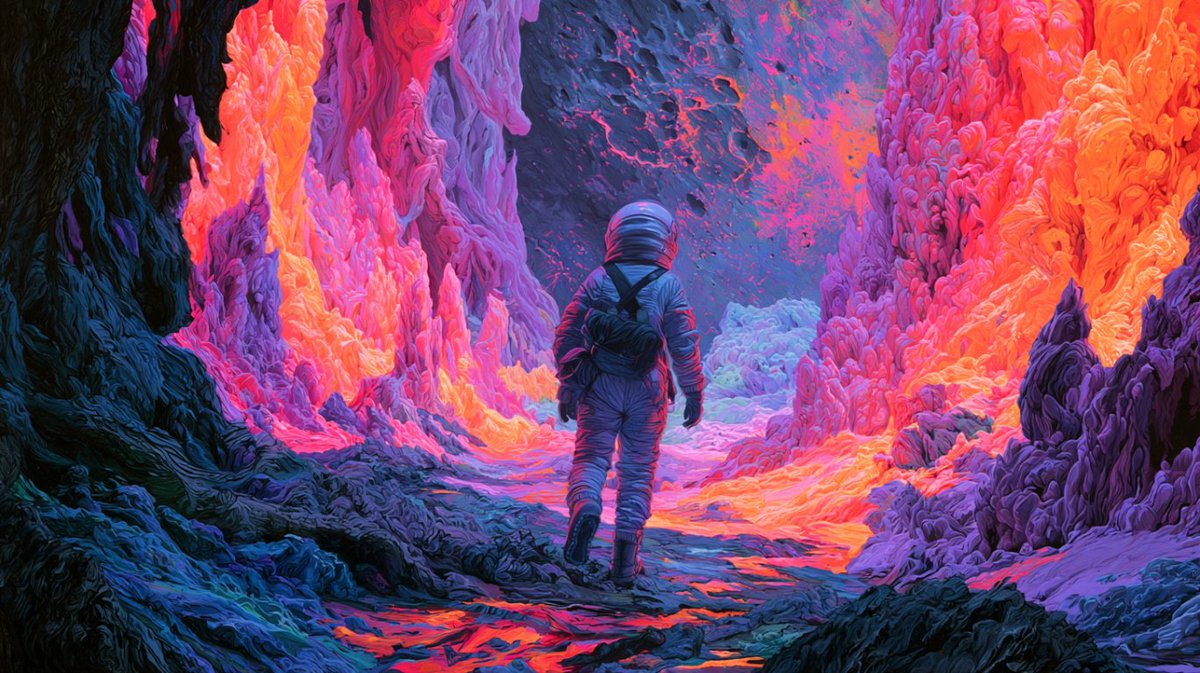 混合媒介，描绘一位孤独的探险者身穿时尚的高科技太空服，行走在一颗流浪卫星的洞穴中，四周环绕着高耸的、发光发亮的矿物结晶体，反射出明亮、大胆、美…, 图片 1
