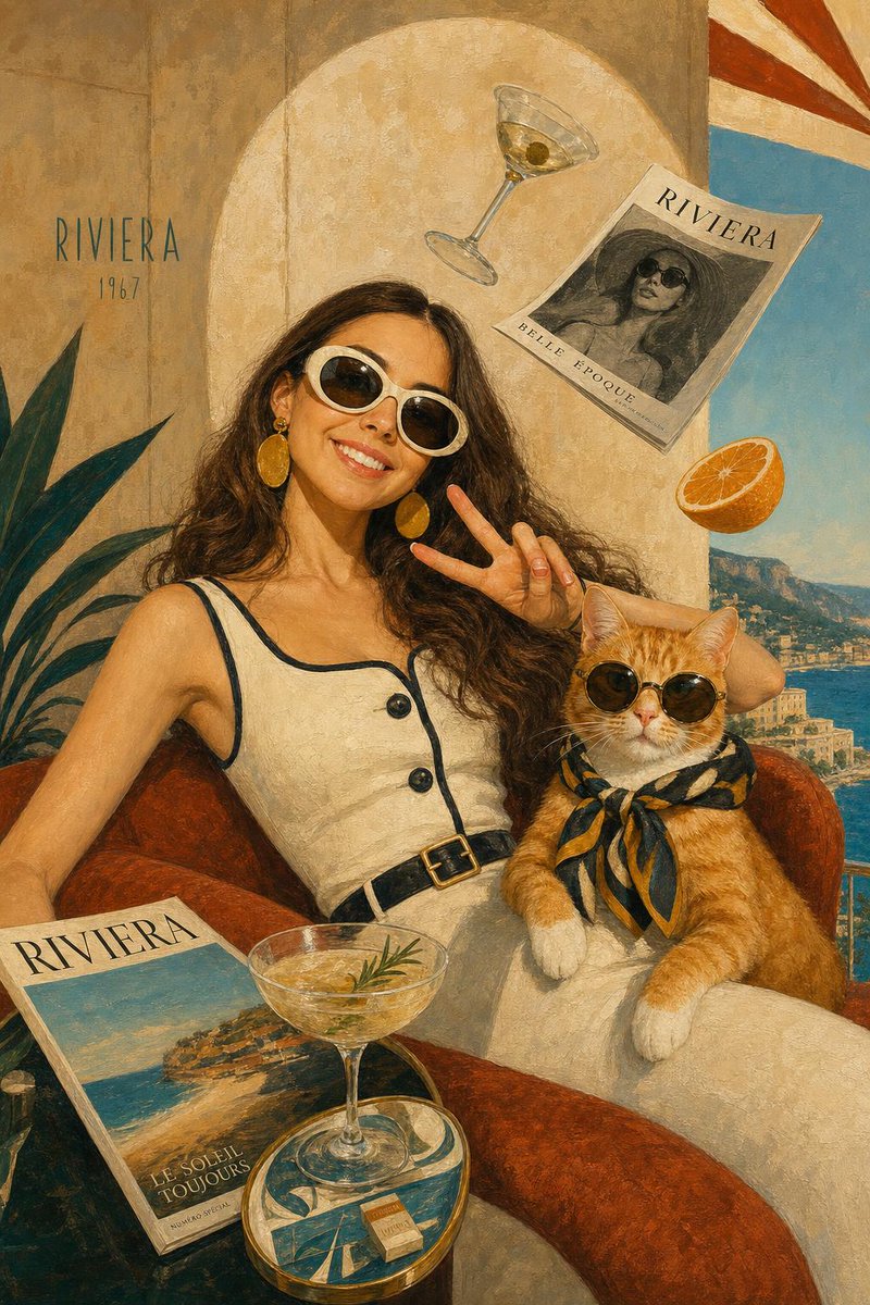 超现实中世纪编辑风格插画,画面中是照片中的人物和一只时髦的猫置身于奢华的1960年代里维埃拉酒廊,修长的身形比例,超大配饰,面无表情,精致荒诞…, 图片 1