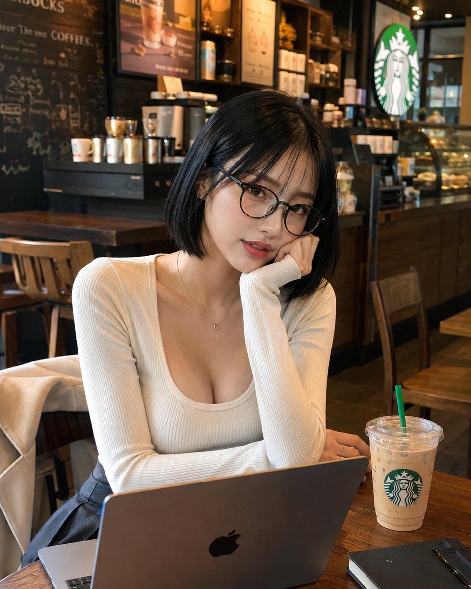 一位性感迷人的20岁日本或韩国人,黑色的复古波波头发型,戴着深色圆框眼镜,在星巴克里,面前放着笔记本电脑和饮料,营造出一种知性休闲的氛围 ht…, 图片 1