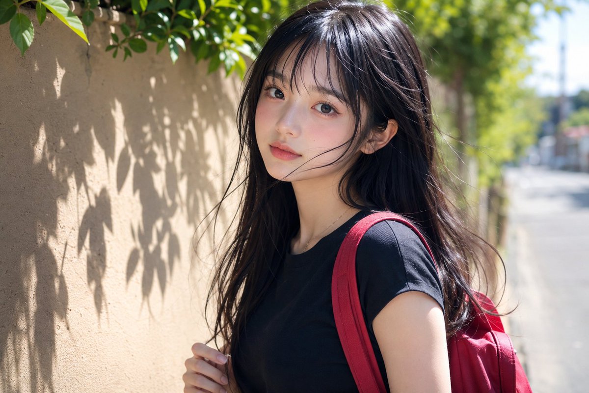 美丽的年轻日本女孩，留着柔顺的黑色长发和柔软的碎刘海，大而富有表现力的深色眼睛，白皙发光的肌肤，精致的脸部轮廓，自然的粉嫩双唇，淡淡的腮红，神…, 图片 1