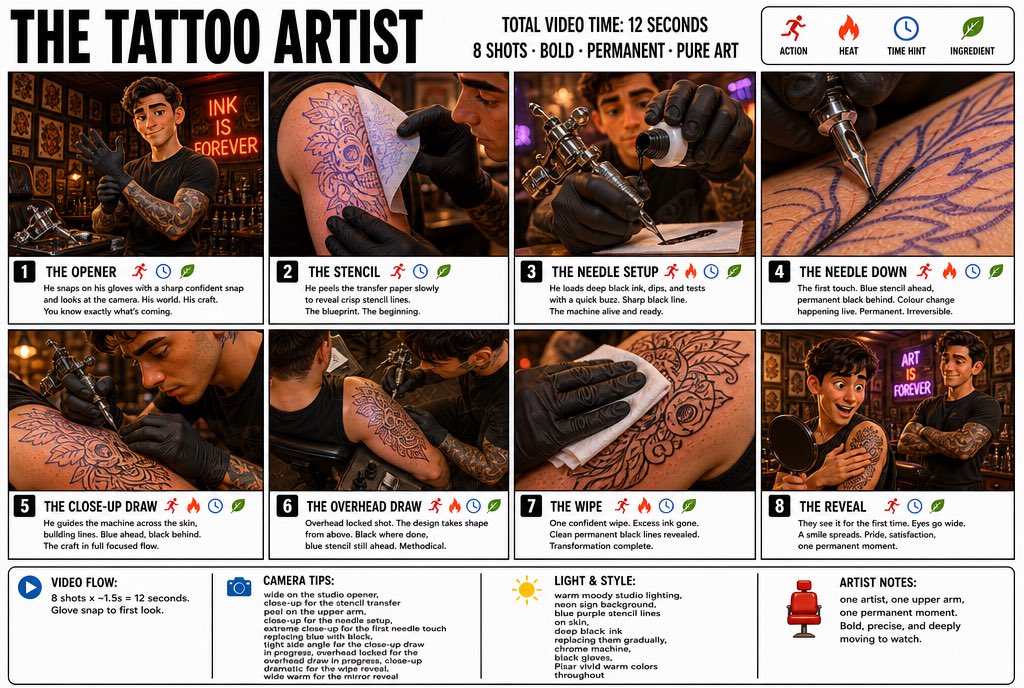 “为《THE TATTOO ARTIST(纹身师)》制作一张清晰、简洁的信息图式分镜海报。宽幅16:9布局,白色背景,黑色边框,醒目的黑色字体…, 图片 1