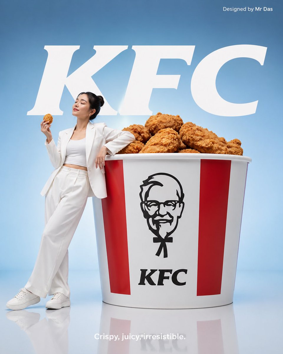 极简风格的纯净产品广告,以一个巨型肯德基(KFC)全家桶作为视觉主体。一位身穿纯白色服装的年轻女子站在超大尺寸的桶旁,姿势放松随意,双眼微闭,…, 图片 1
