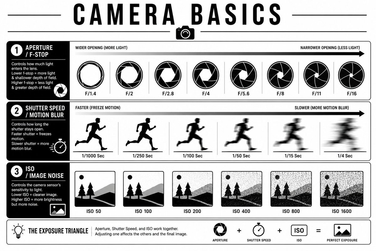 在白色背景上创建一个干净的、黑白相间的教育信息图，标题为CAMERA BASICS（相机基础）。顶部使用粗体大写字体，字距加宽。, 图片 1