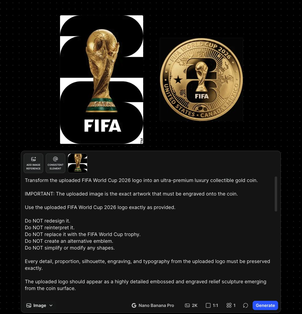 将上传的 2026 年 FIFA 世界杯标志打造成一款超高端奢华收藏级金币。, 图片 1